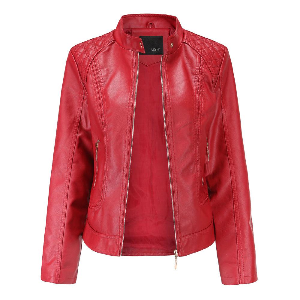 Women's stand collar PU leather jacket - WOMONA.COM