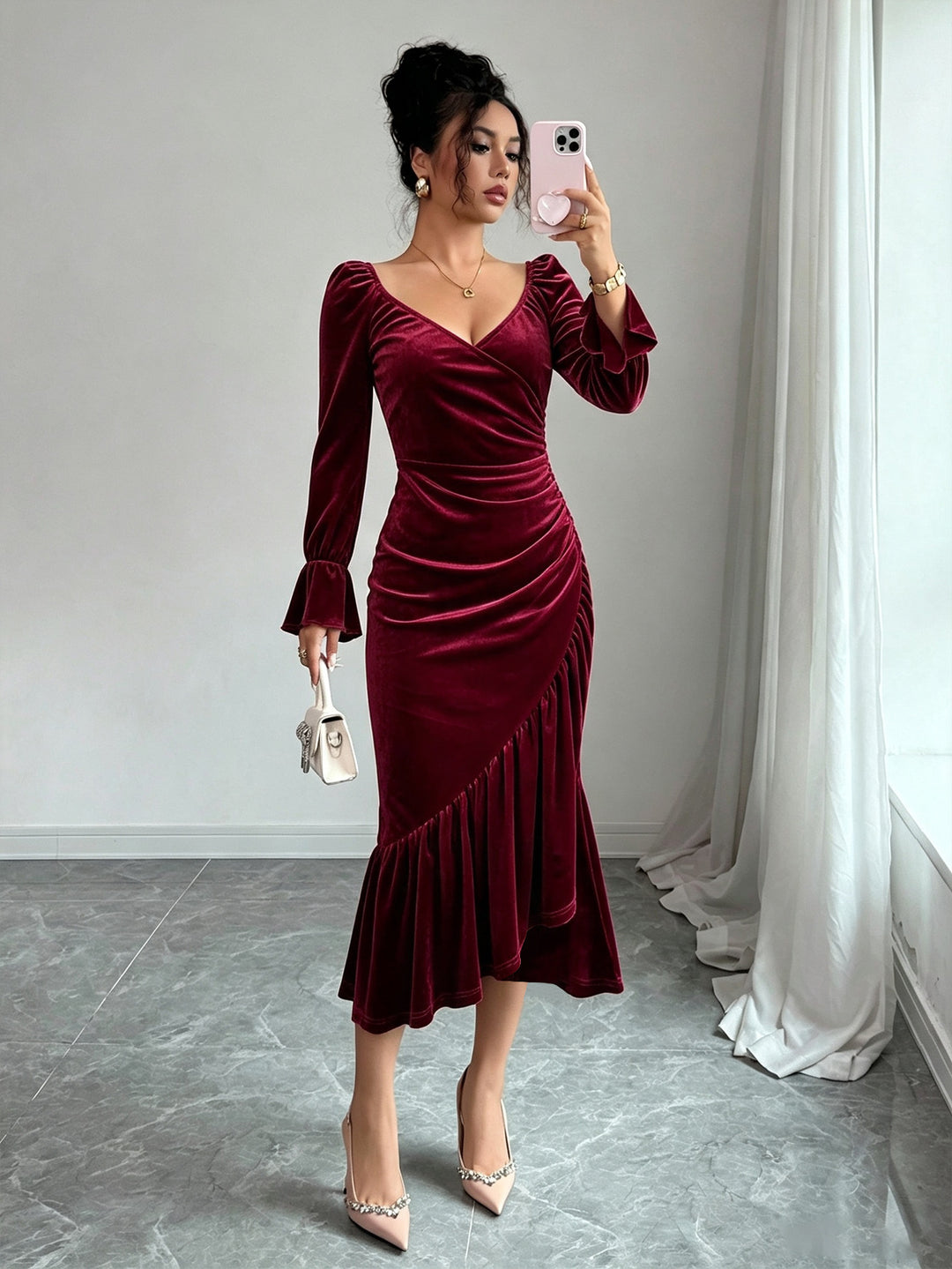 Women's wine red velvet V-neck fishtail bodycon midi dress