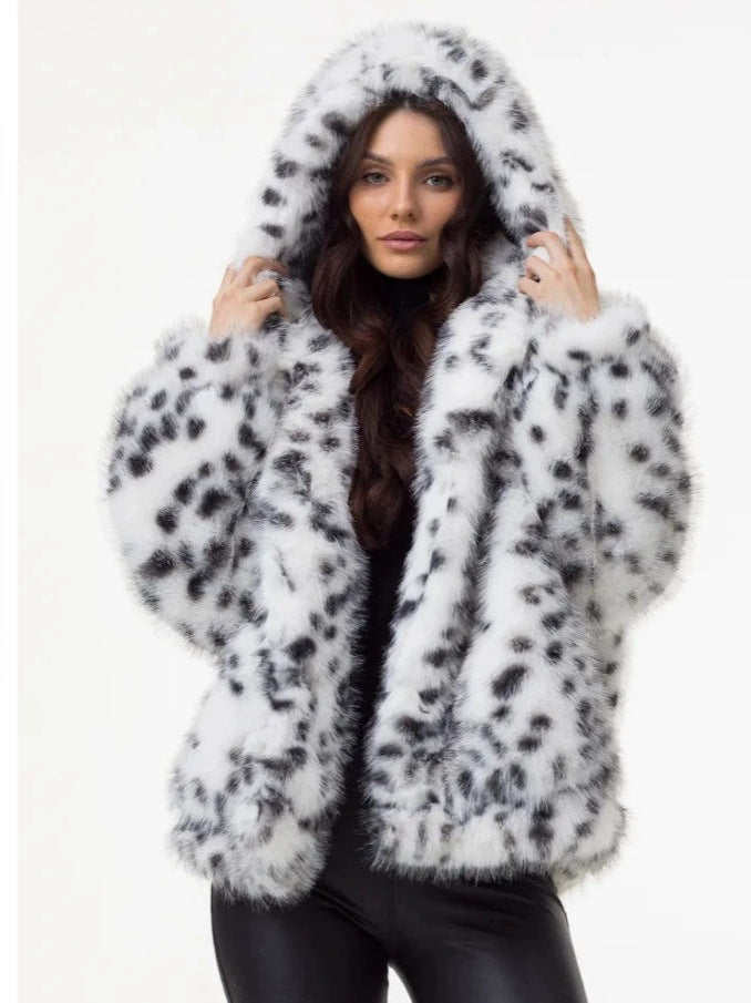 Leopard-print faux fur hooded jacket with large hood, white with black spots