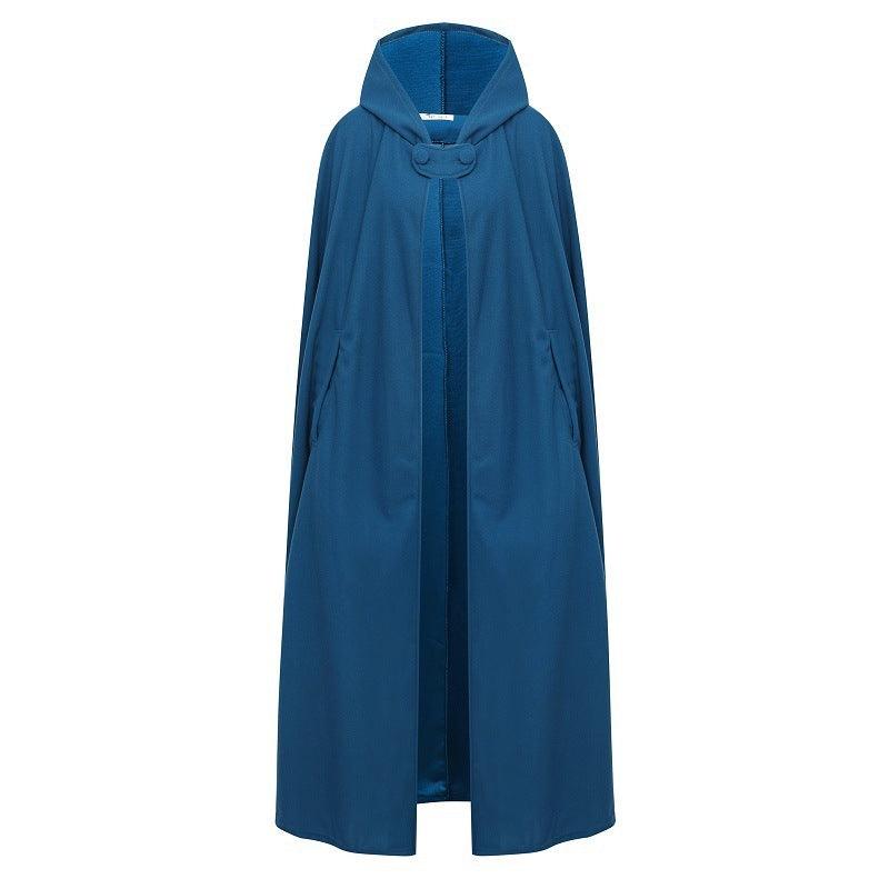 Blue hooded tie shawl, long cape with adjustable hood and front tie