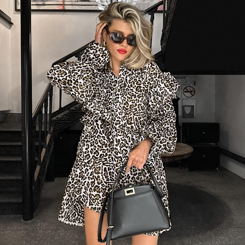 Design Leopard Print Women's Shirt Ruffled Long Sleeve - WOMONA.COM