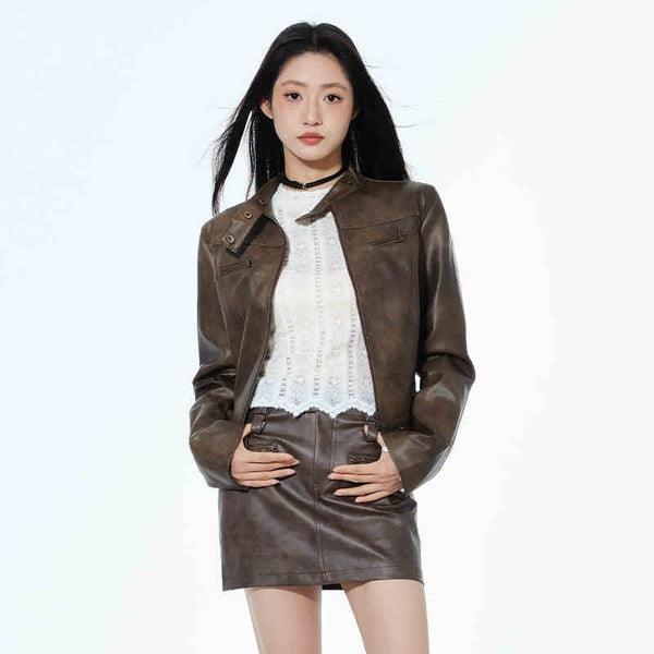 Short Leather Jacket Slim Brown Jacket Motorcycle Jacket