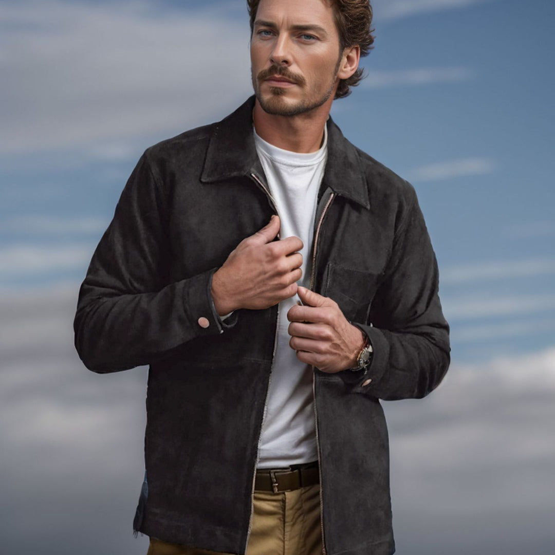 Men’s suede jacket, dark black color, zip-front with stand collar and snap cuffs