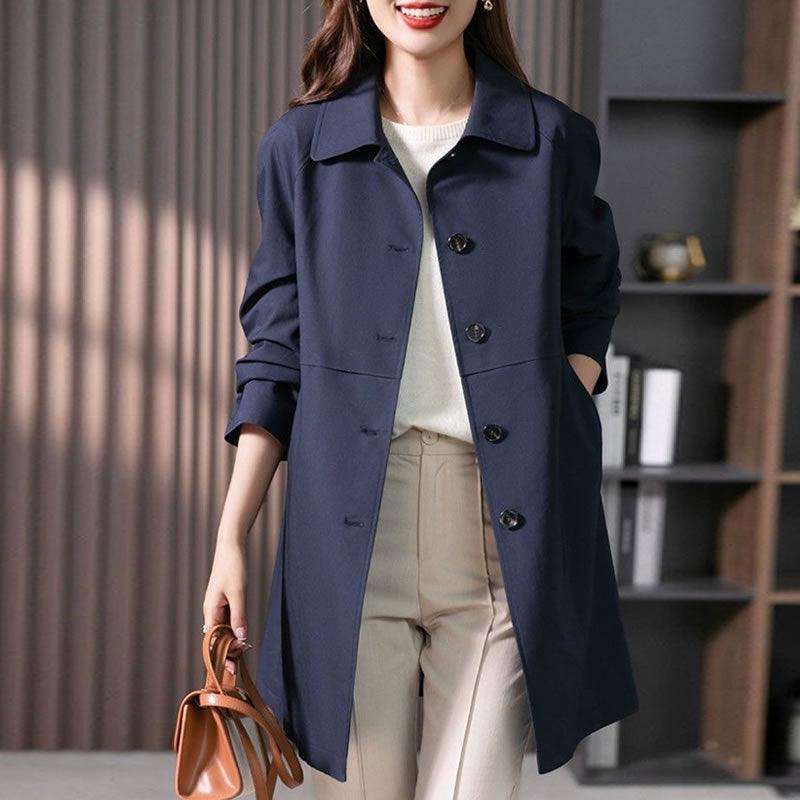 Women’s navy mid-length trench coat, double-breasted with notched lapel and long sleeves