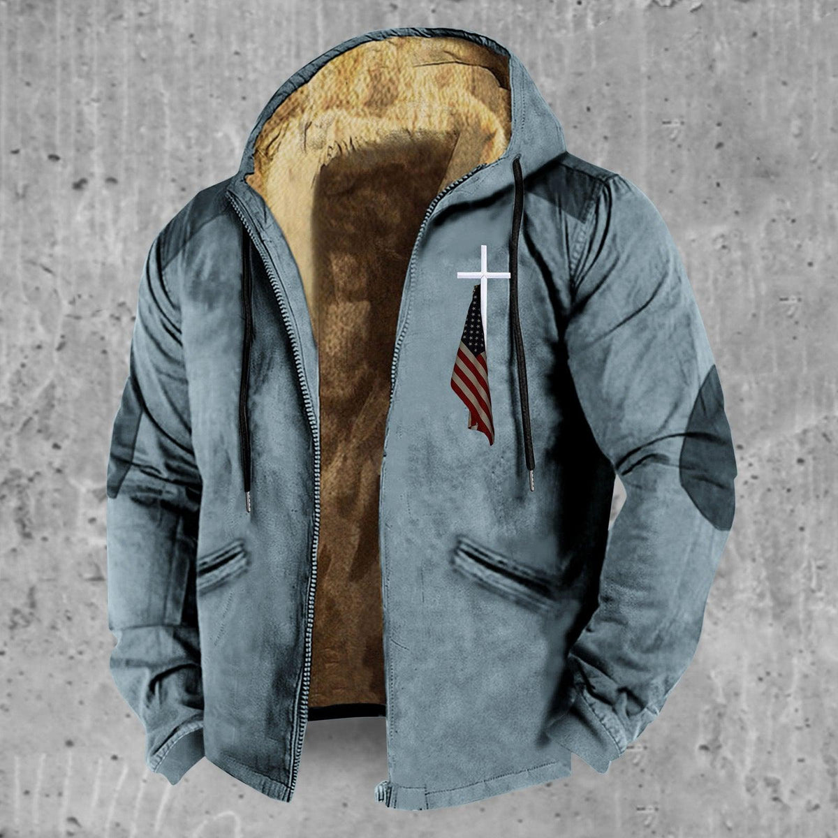 Gray hooded cotton-padded jacket with zip closure, drawstring hood, and side flap pockets