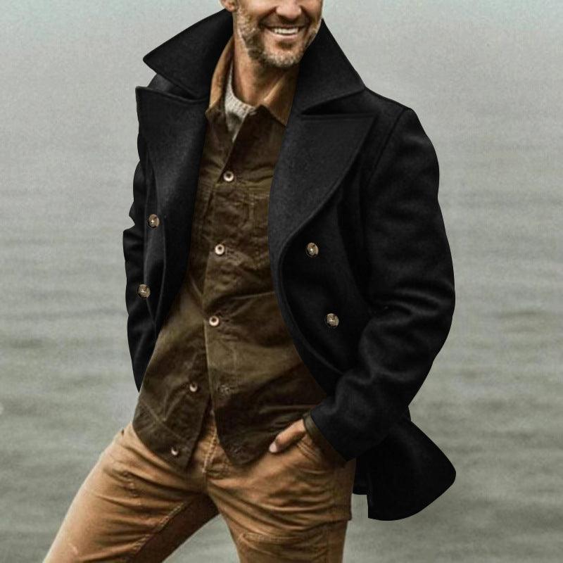 Black double-breasted casual trench coat with wide lapels and gold-tone buttons