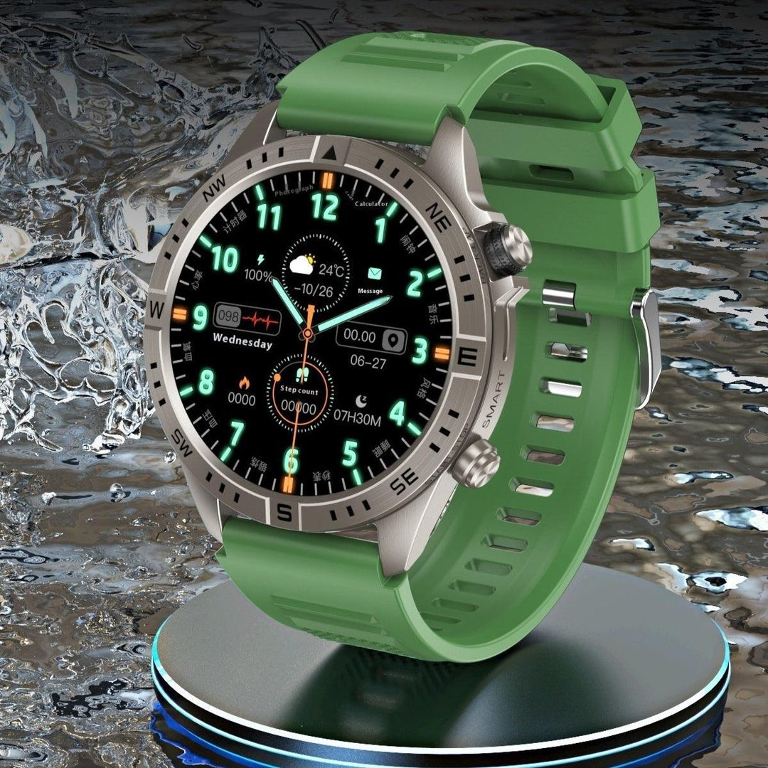 Men's smart watch with green silicone strap and silver metal case, round digital display.