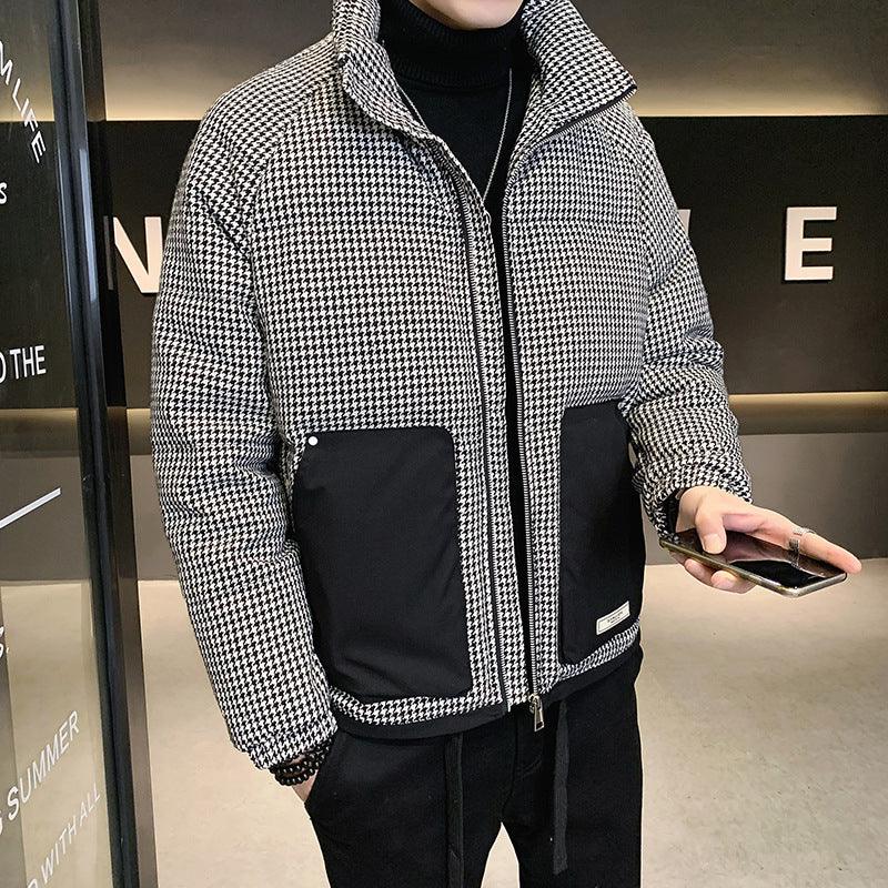 Short wool blend coat in houndstooth knit with full zipper and front flap patch pockets