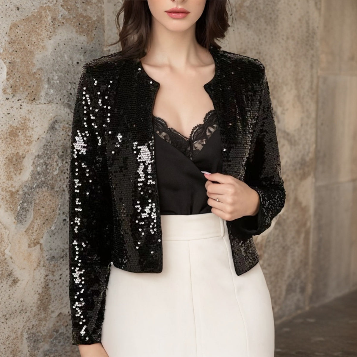 Women's crew-neck sequin jacket