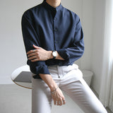 Men's Stand-Up Collar Shirt Long Sleeve Korean Trend - WOMONA.COM