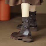 Thick Bottom Chunky Heel Real Soft Leather Round Toe Retro Socks Boots - WOMONA.COM