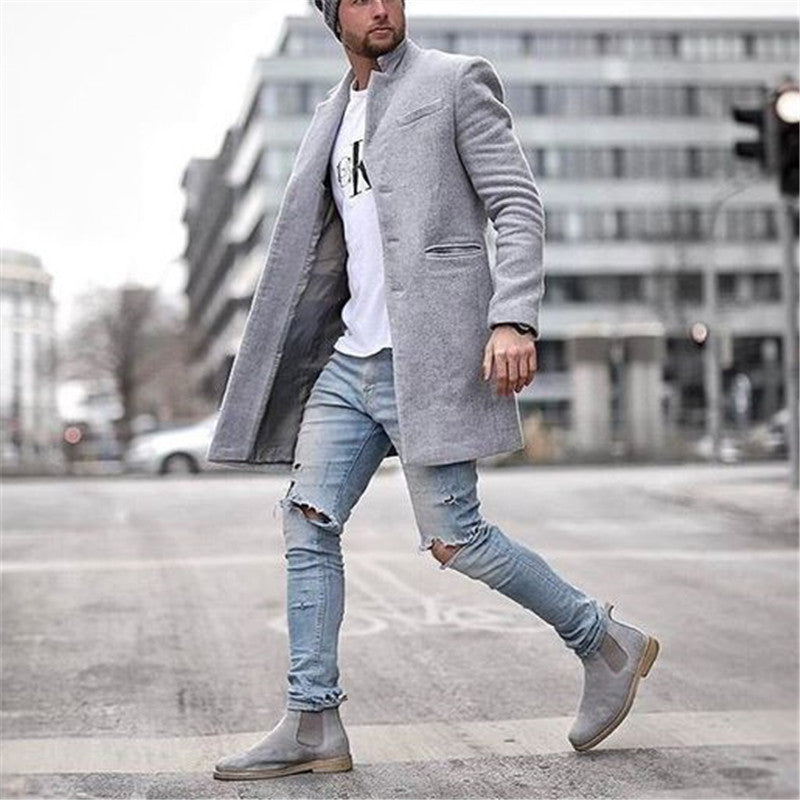 Men's grey long wool-look trench coat