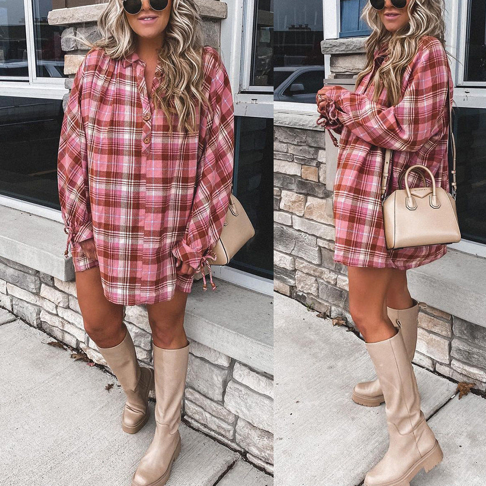 Women's red plaid A-line mini shirt dress