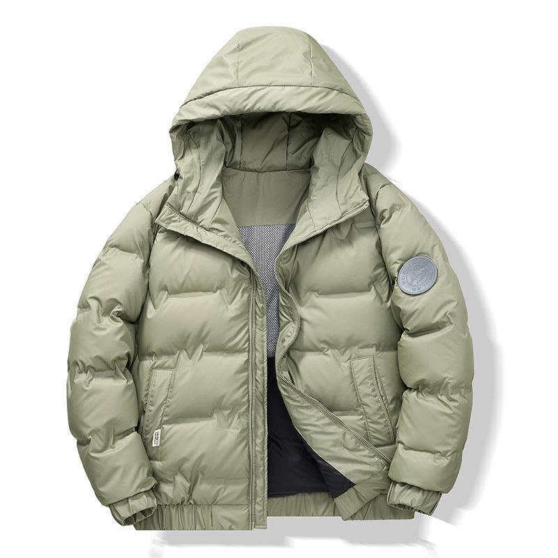 Men's short winter puffer coat, olive green, full-zip with hood and quilted panels
