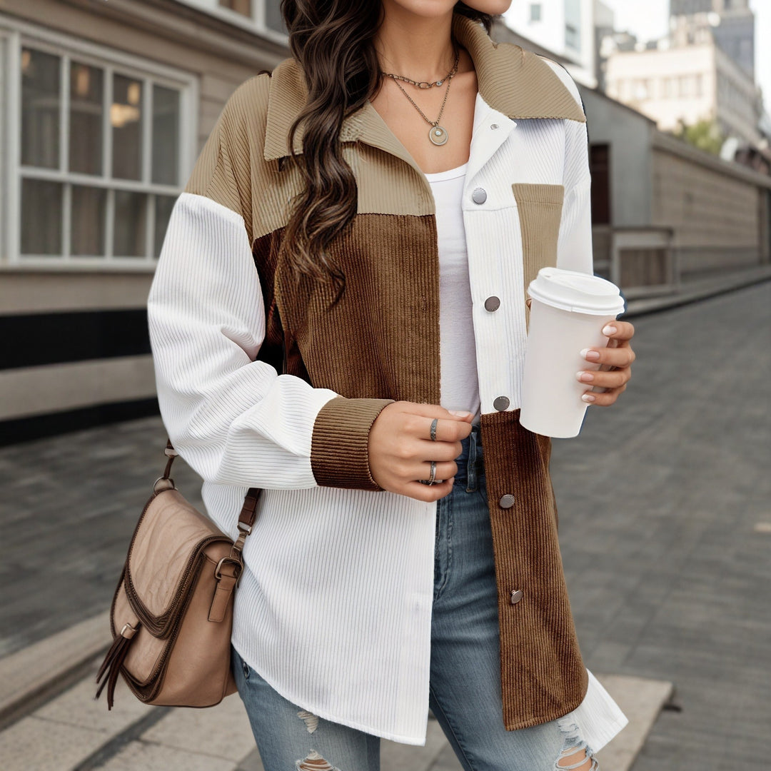 Colorblock stand-collar aviator jacket with button front, white sleeves and brown front panels