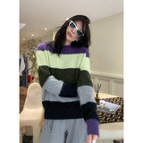 Loose Round Neck Contrast Large Striped Sweater - WOMONA.COM