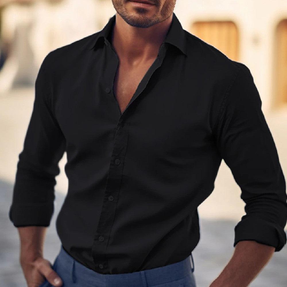 Men's business-casual dress shirt, black, button-up with rolled sleeves