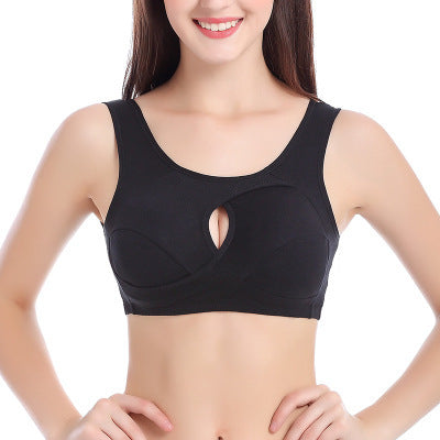 Black cotton sports bra with keyhole cutout and racerback straps