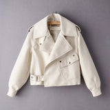 Lapel Short Motorcycle Leather Ladies Jacket - WOMONA.COM