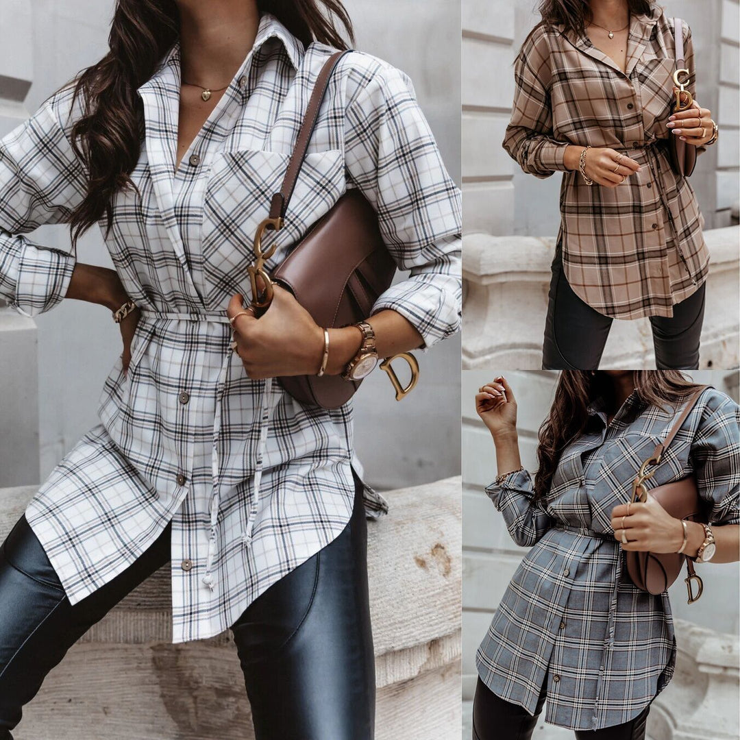 Women's plaid A-line longline shirt dress