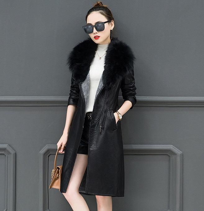 Black faux-leather fur-collar midi coat with zip front and flared hem