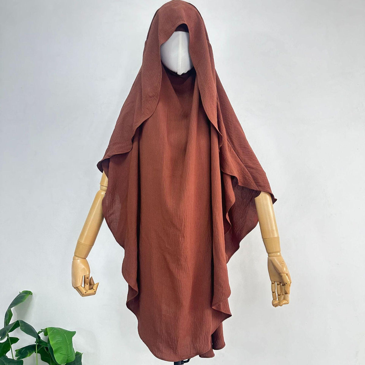 Women’s polyester scarf shawl, rust brown hooded drape with layered side folds