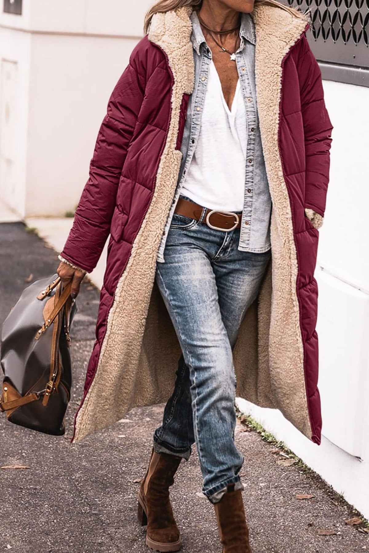 Women's hooded raglan-sleeve pocket coat