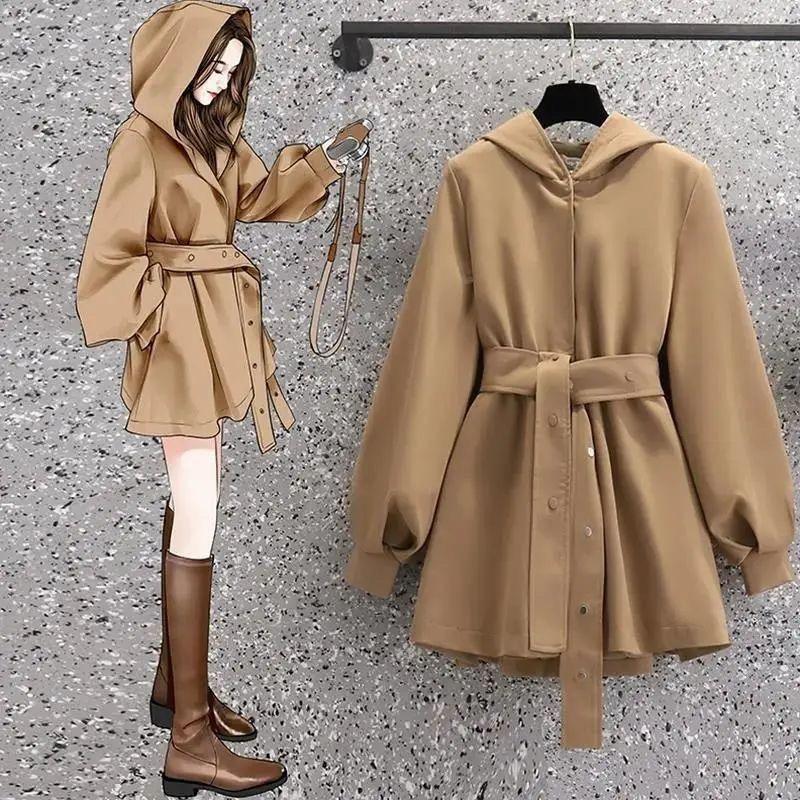 Women’s hooded trench coat in tan with belted waist and long sleeves