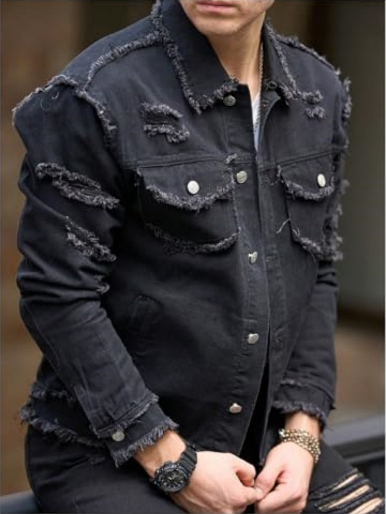 Men's dark denim jacket with distressed chest pockets and button-front closure