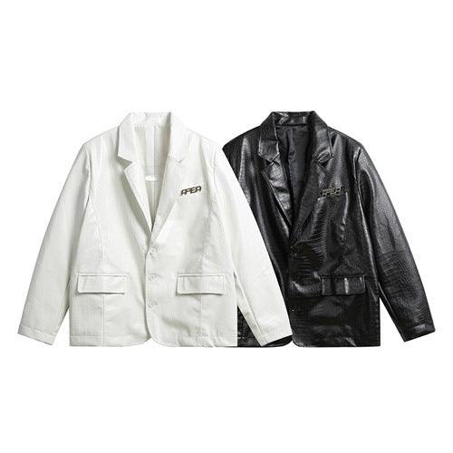 Retro-collar casual jacket, white and black, button front with flap pockets