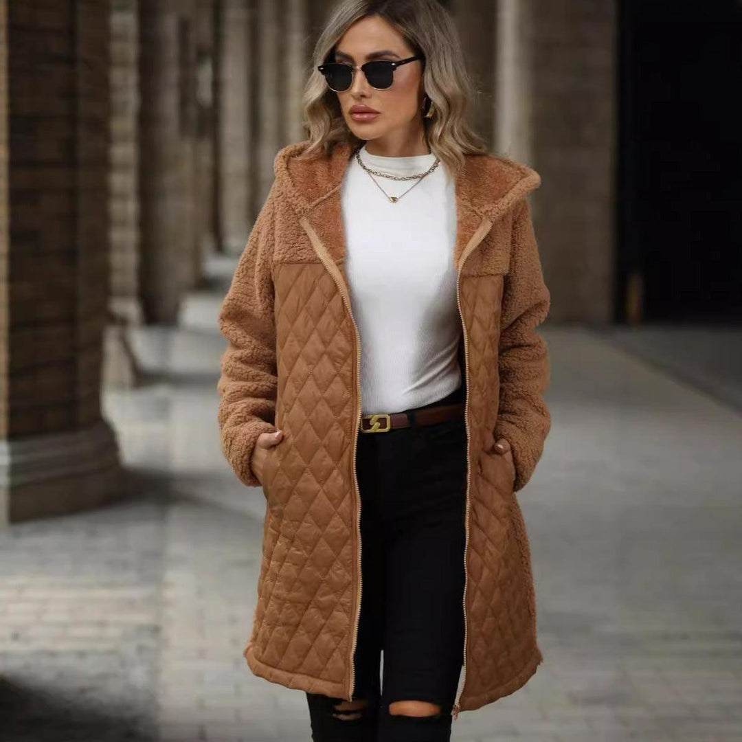 Women's plush hooded zipper coat, apricot-brown with quilted front panels