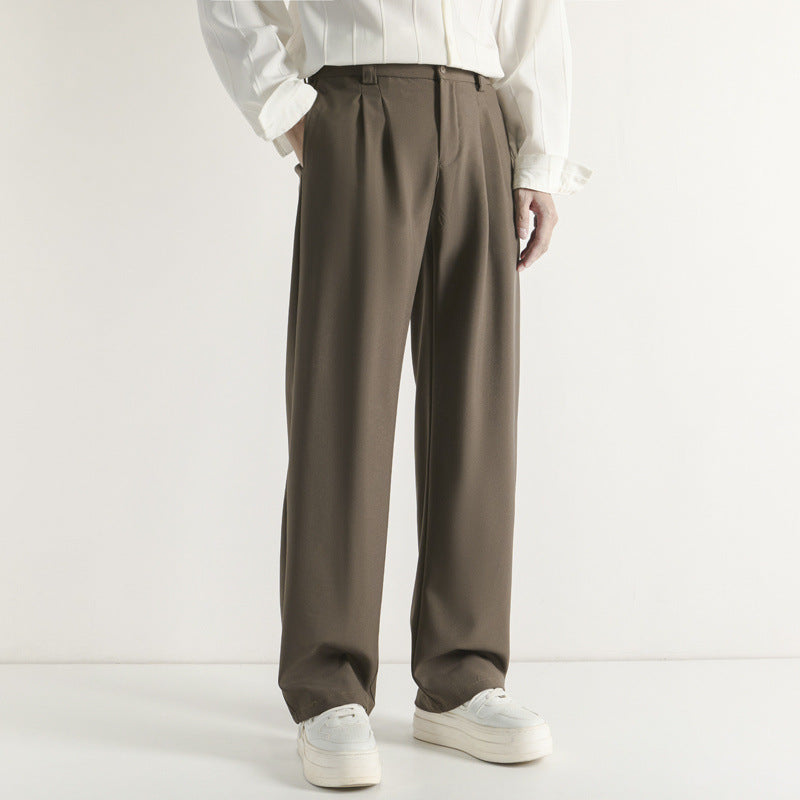 Men's dark gray wide-leg casual pants with double pleat drape and belt loops