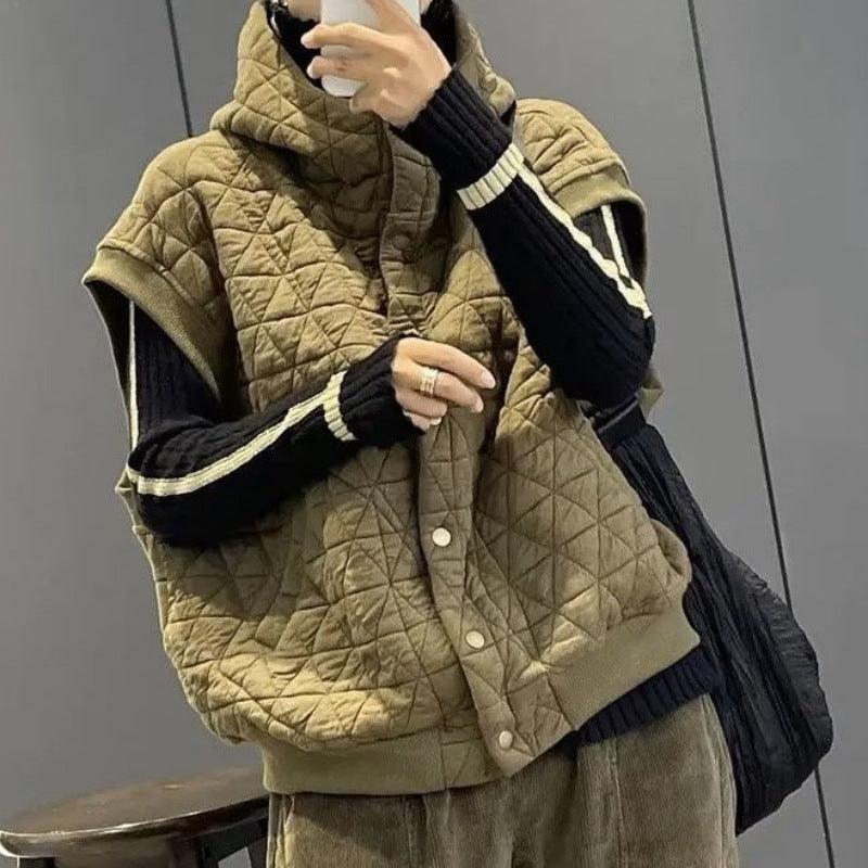 Quilted army green hooded vest with button front and striped rib cuffs