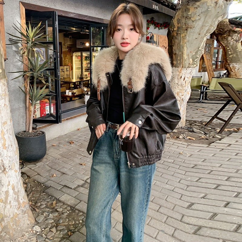 Real Shot Brown Rabbit Fur Liner Leather Jacket - WOMONA.COM