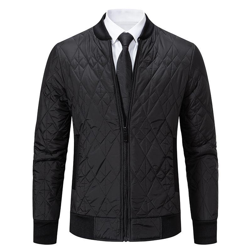 Men’s quilted full-zip jacket with stand collar, black exterior, front view.