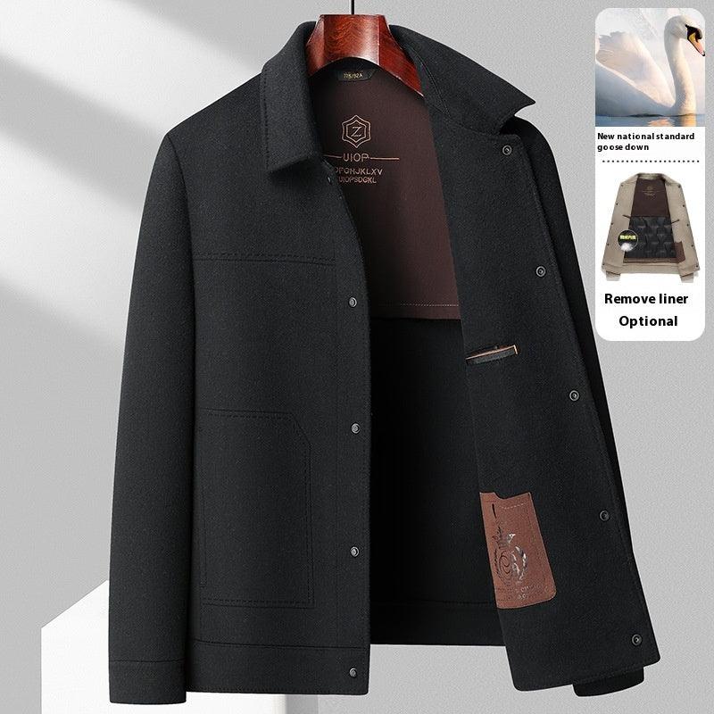 Black double-faced wool polo-collar jacket with snap front and dark lining panel