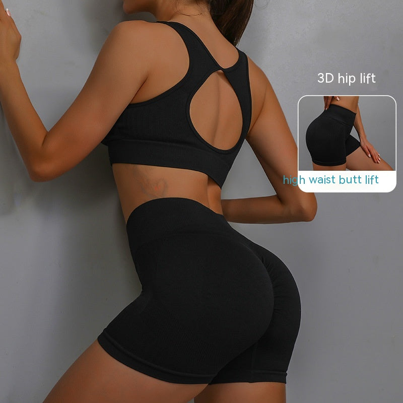 Black sports bra and high-waist shorts set, racerback, back keyhole cutout