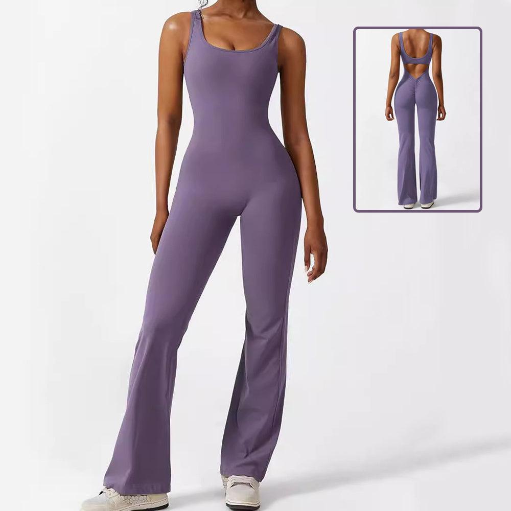 Women sleeveless flare jumpsuit, purple, scoop neckline, wide-leg flares