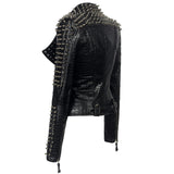 Plus Size Rivet Short Stitching Motorcycle Leather Coat - WOMONA.COM