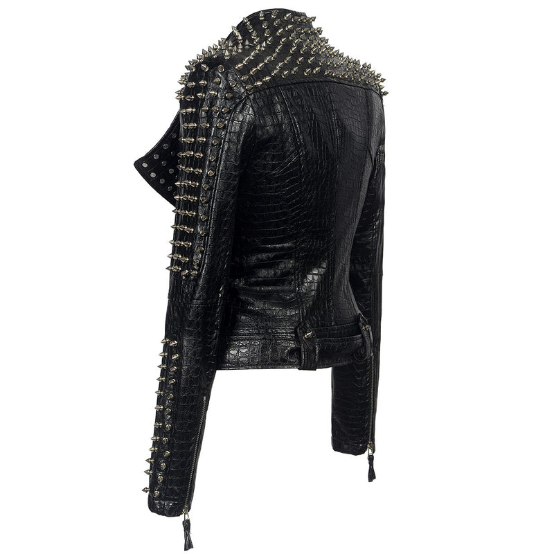 Plus Size Rivet Short Stitching Motorcycle Leather Coat - WOMONA.COM