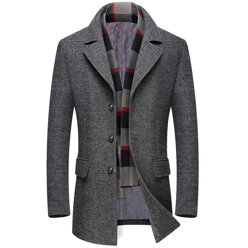 Thick Quilted Lapel Collar Men's Mid-length Wool Overcoat - WOMONA.COM