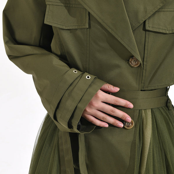 Women's Korean-style Mesh Stitching Green Windbreaker Coat