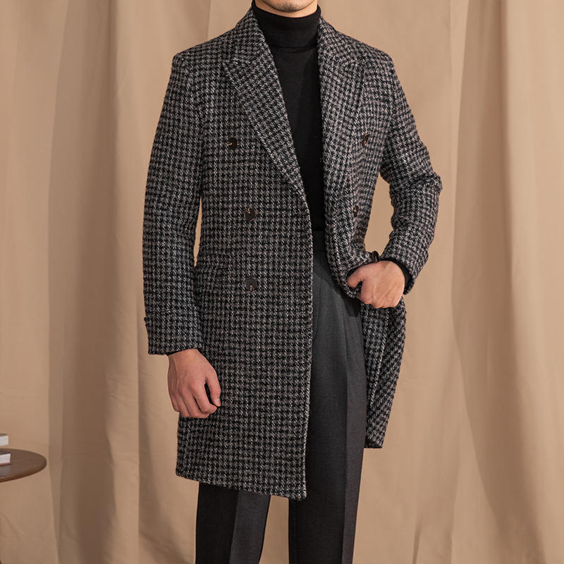 Wool Double Breasted Houndstooth Coat Mid-length Coat