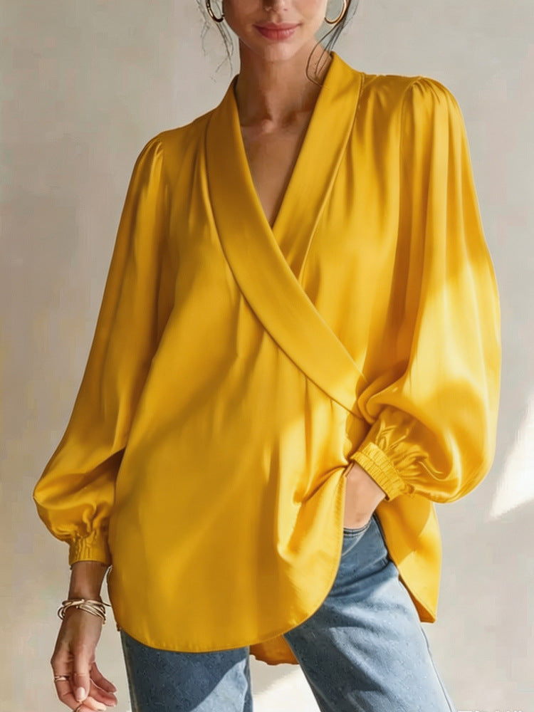 Women's casual yellow v-neck long-sleeve wrap top with gathered cuffs and tie-front knot