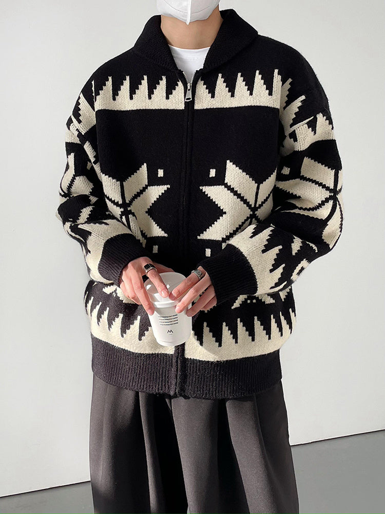 Geometric Contrast Color Lapel Sweater - WOMONA.COM