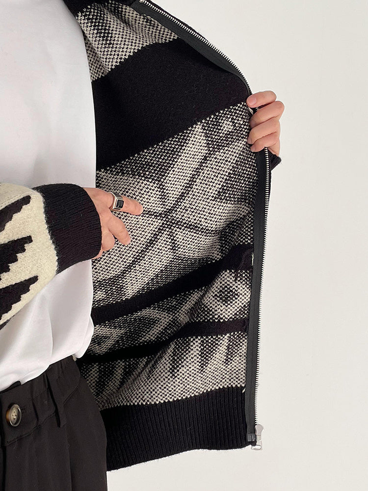 Geometric Contrast Color Lapel Sweater - WOMONA.COM