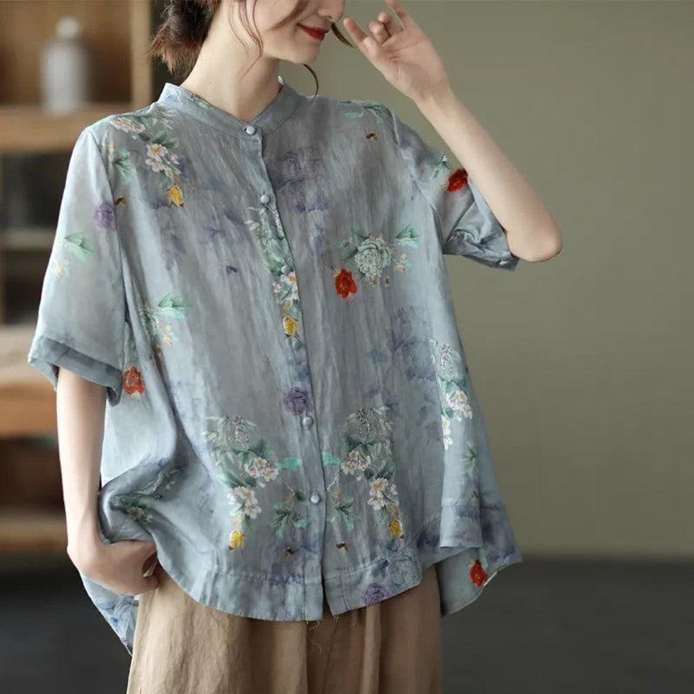 Vintage Digital Printed Cotton Linen Blouse For Women - WOMONA.COM