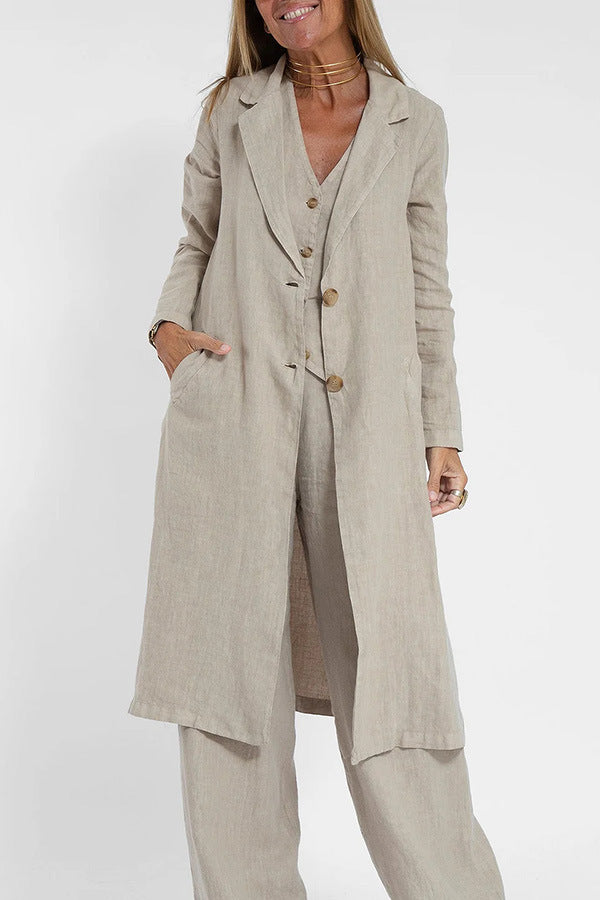 Casual Cotton Linen Suit Collar Pocket Trench Coat