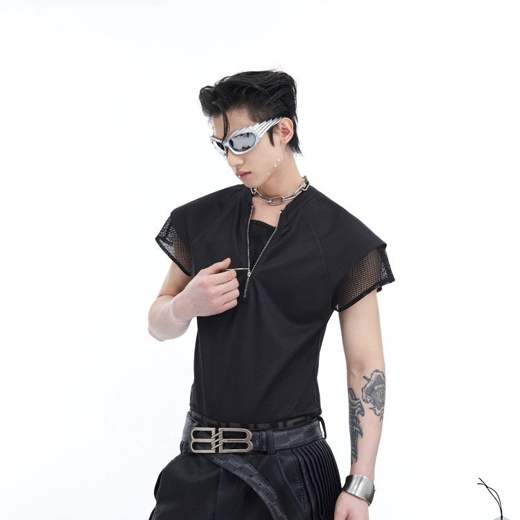 Metal Zipper Embellished Summer Bottoming Shirt For Men - WOMONA.COM