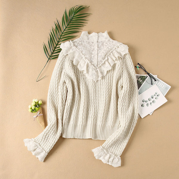 Round neck stitching knit sweater - WOMONA.COM